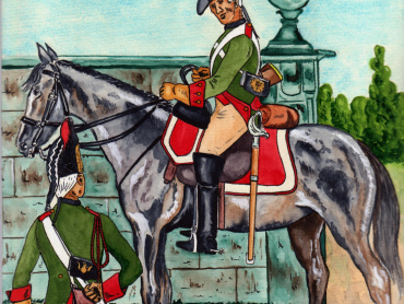 Příslušníci c. k. dragounského pluku „St.-Ignon“, bojujícího v roce 1758 s Prusy obléhajícími Olomouc. Kresba Haralda Skaly.
